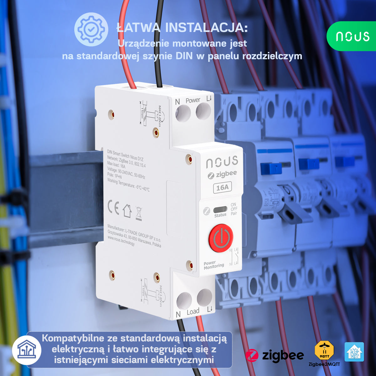 Nous D1Z - Zigbee Inteligentny przełącznik na Szynę DIN 16A
