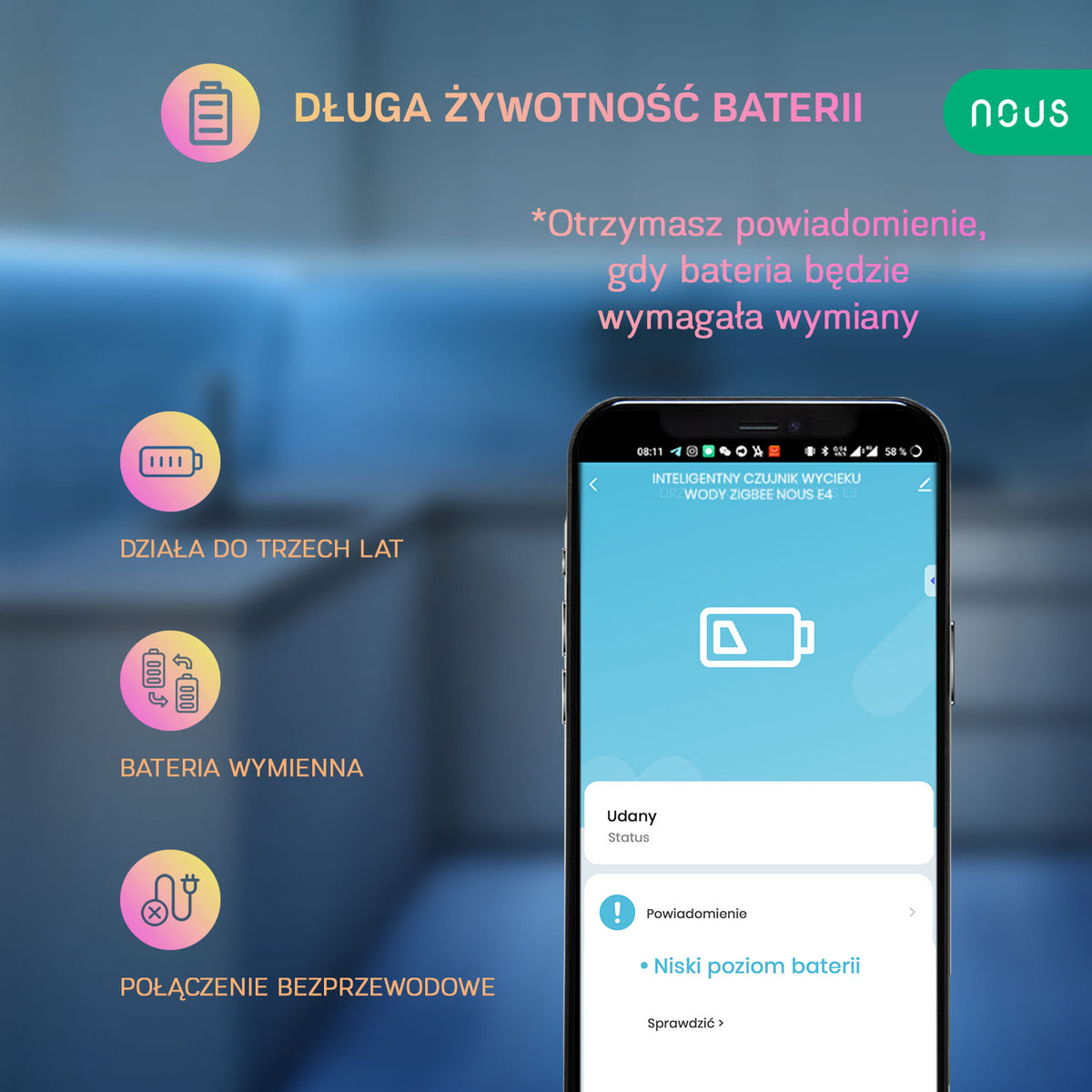 Inteligentny czujnik wycieku wody ZigBee Nous E4