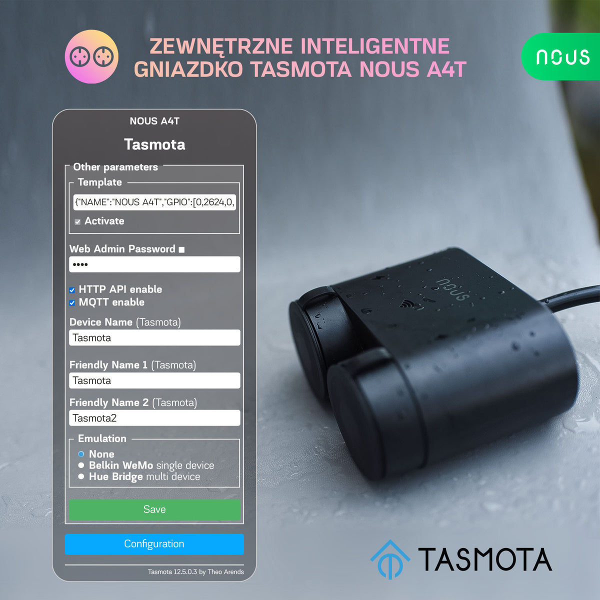 NOUS A4T-USED Zewnętrzne inteligentne gniazdko Tasmota 5905072800822