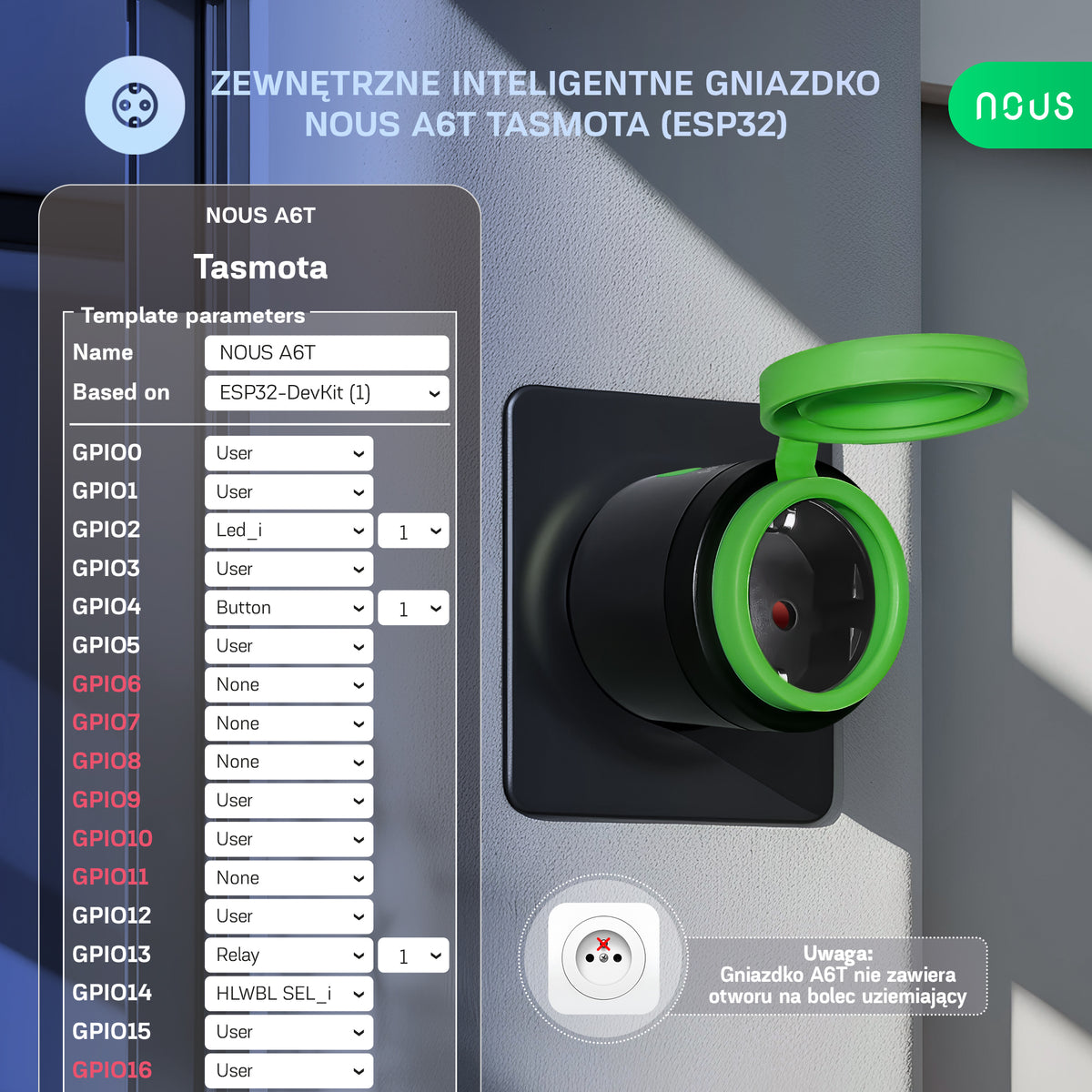 Zewnętrzne inteligentne gniazdko Tasmota NOUS A6T (zestaw z 2)