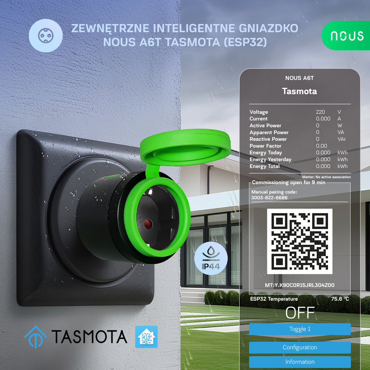Zewnętrzne inteligentne gniazdko Tasmota NOUS A6T (zestaw z 2)