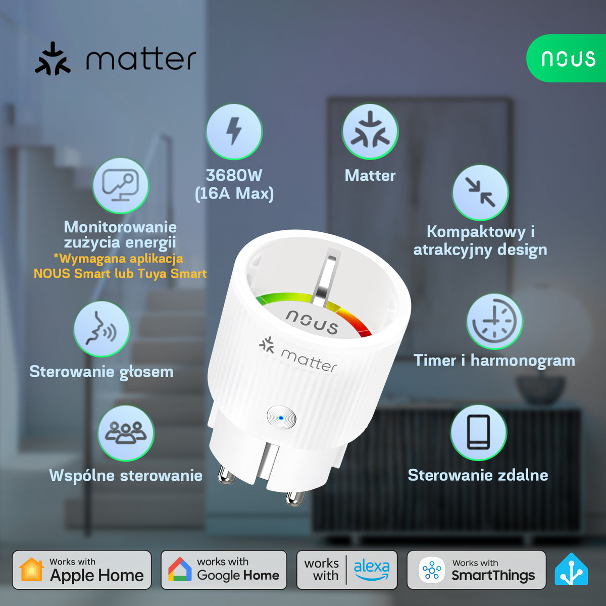 Inteligentne gniazdko wifi Matter smart NOUS A8M (zestaw z 2)