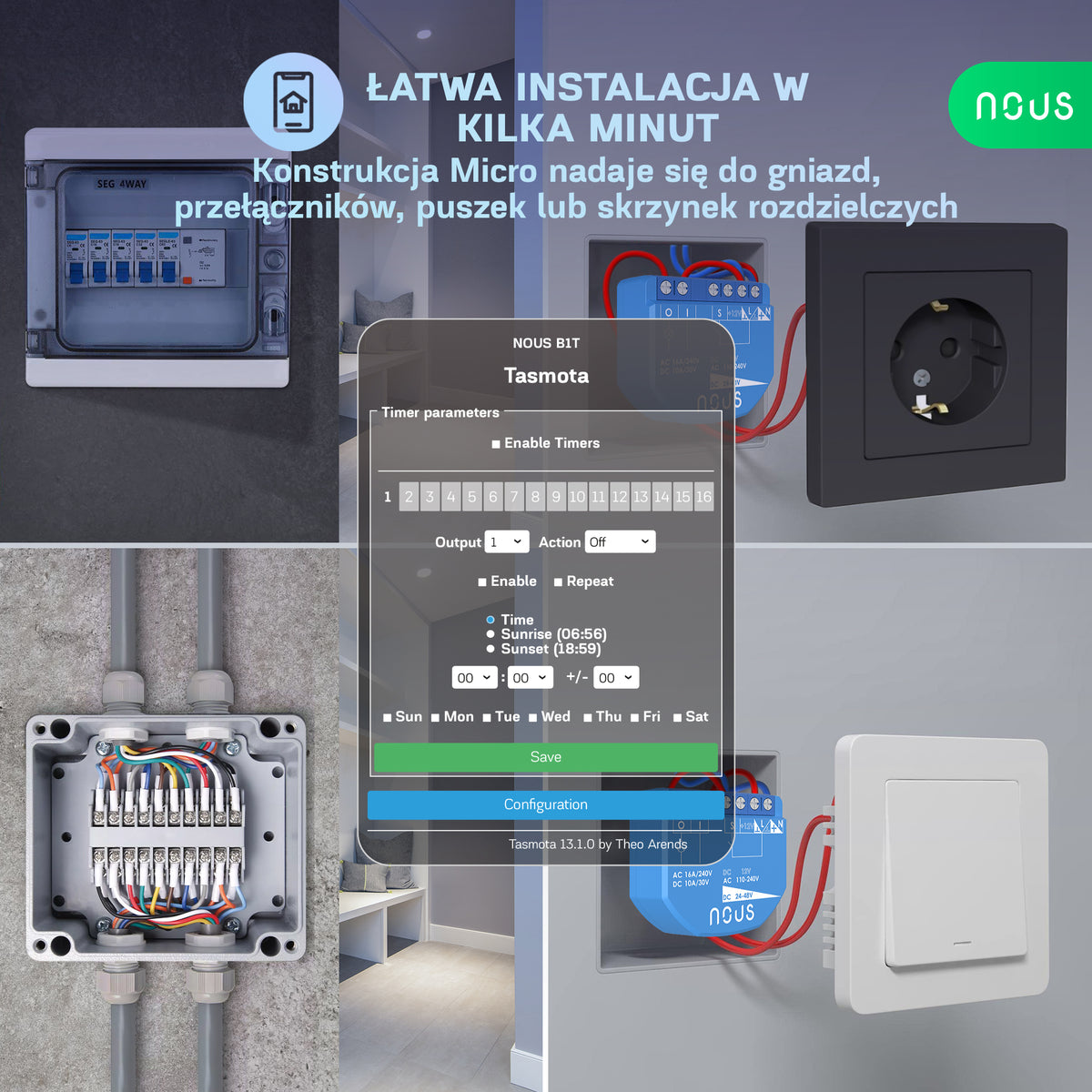 B1T inteligentny moduł NOUS 1-kan. inteligentny moduł przekaźnika dopuszkowy Tasmota