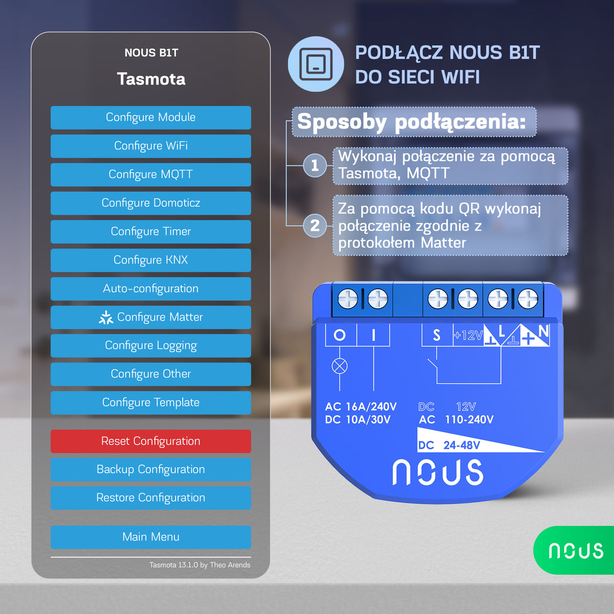 B1T inteligentny moduł NOUS 1-kan. inteligentny moduł przekaźnika dopuszkowy Tasmota
