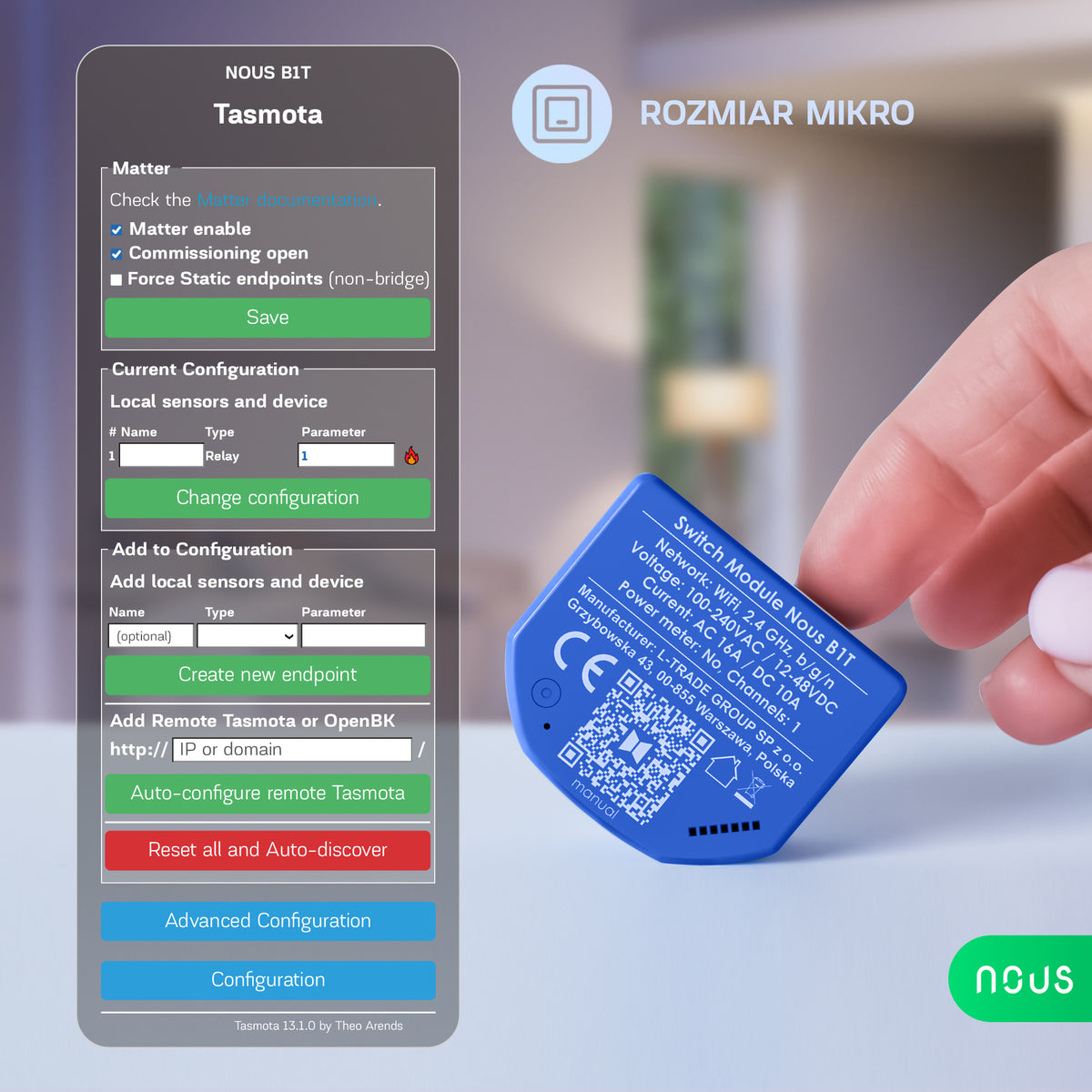 B1T inteligentny moduł NOUS 1-kan. inteligentny moduł przekaźnika dopuszkowy Tasmota