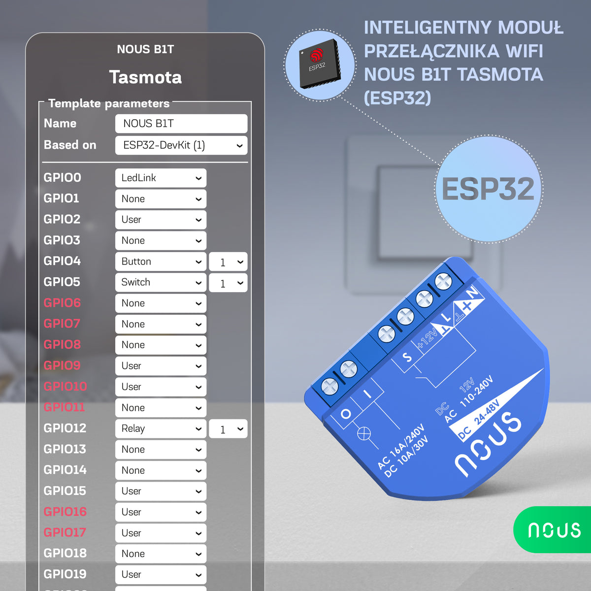 B1T inteligentny moduł NOUS 1-kan. inteligentny moduł przekaźnika dopuszkowy Tasmota