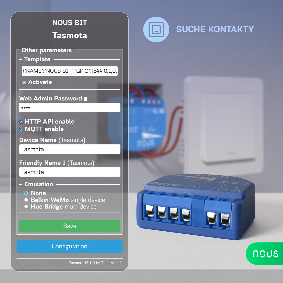 B1T inteligentny moduł NOUS 1-kan. inteligentny moduł przekaźnika dopuszkowy Tasmota