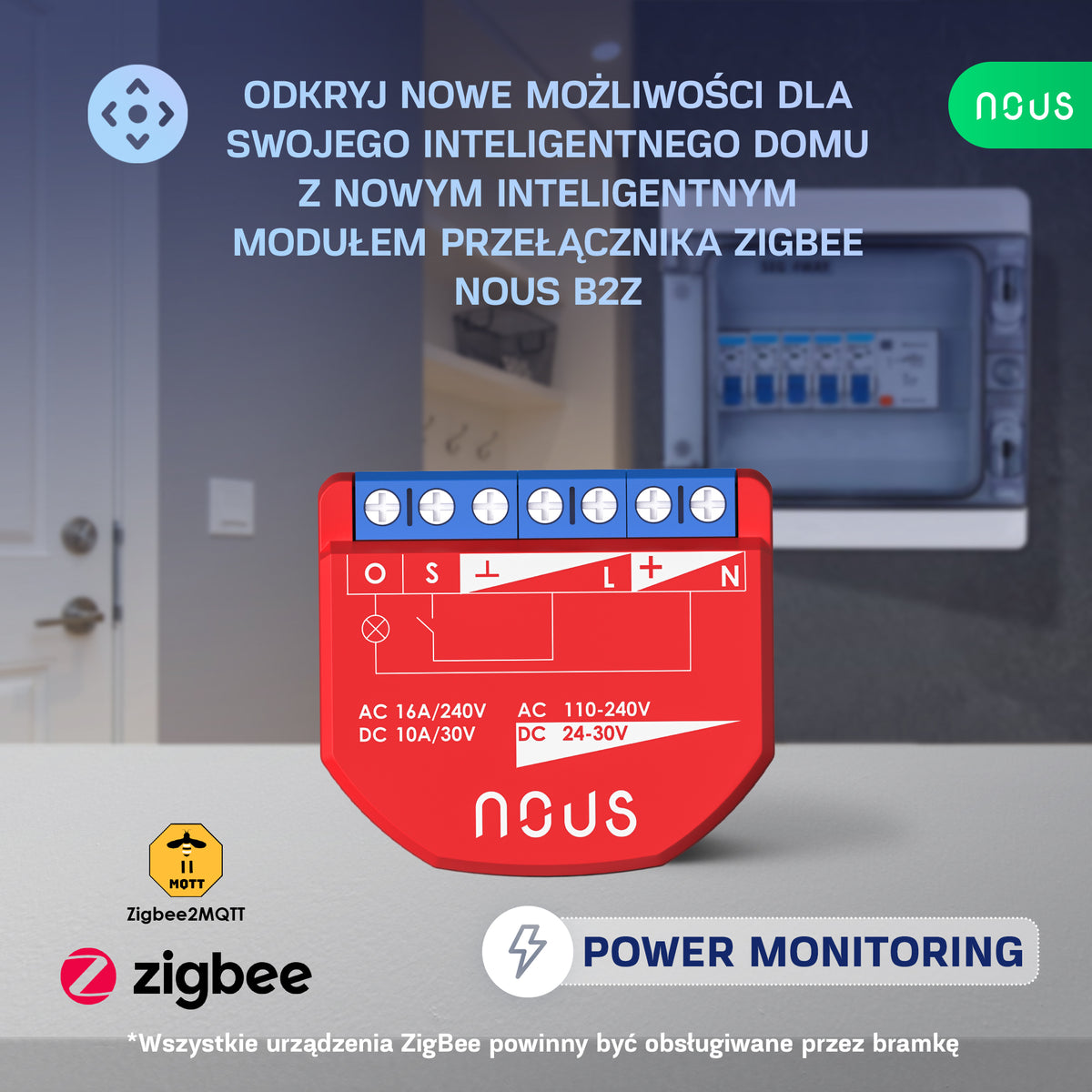 B2Z NOUS 1-kan. inteligentny moduł przekaźnika dopuszkowy z PM ZigBee