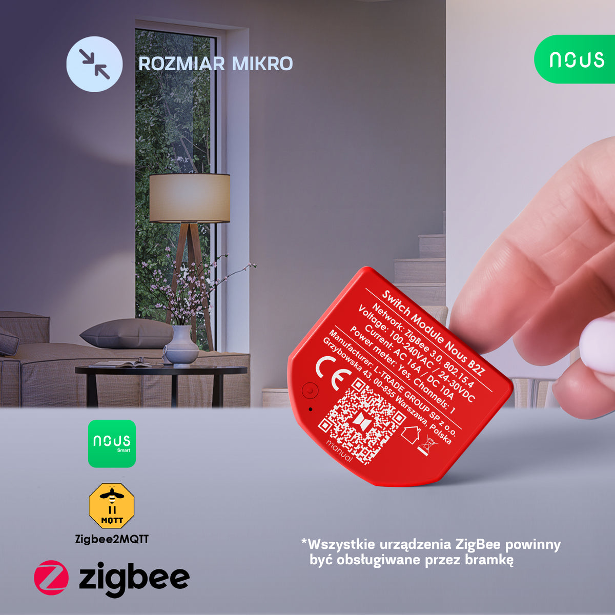 B2Z NOUS 1-kan. inteligentny moduł przekaźnika dopuszkowy z PM ZigBee