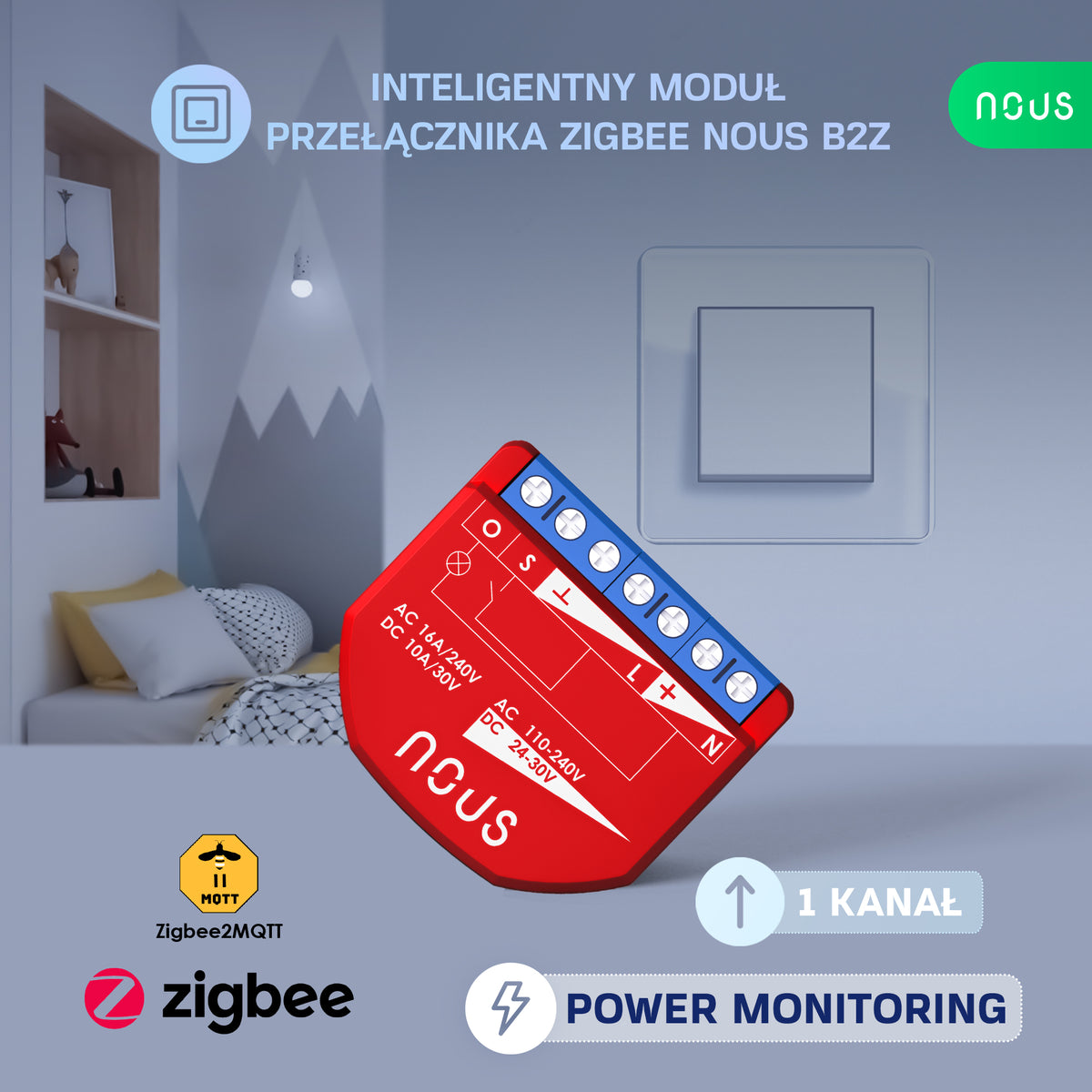 B2Z NOUS 1-kan. inteligentny moduł przekaźnika dopuszkowy z PM ZigBee