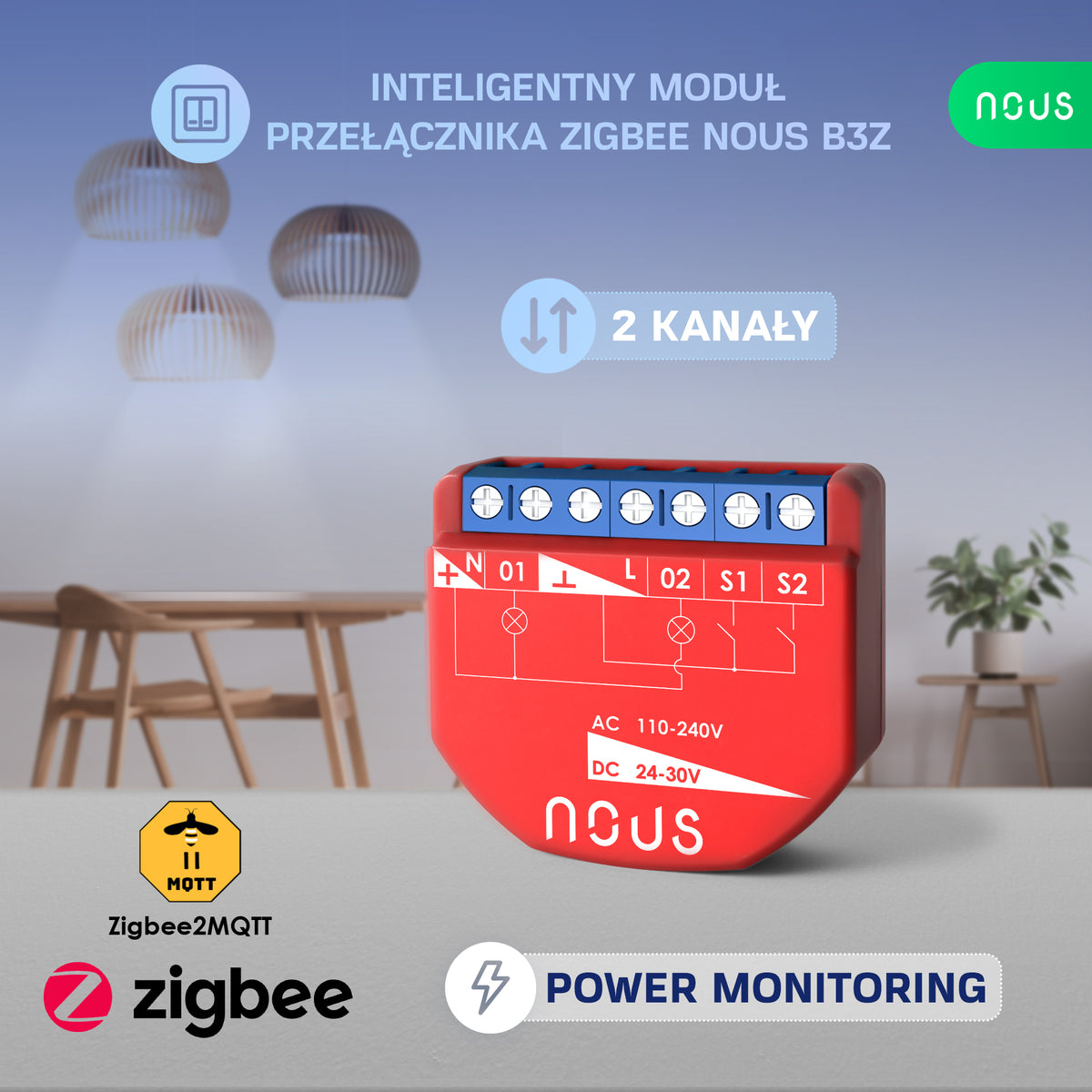 B3Z NOUS 2-kan. inteligentny moduł przekaźnika dopuszkowy z PM ZigBee