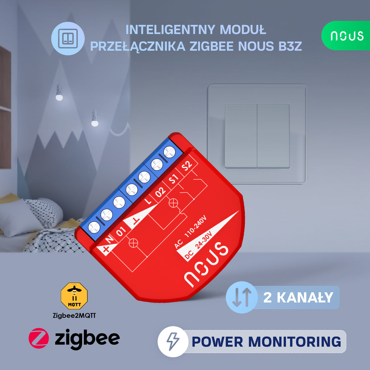 B3Z NOUS 2-kan. inteligentny moduł przekaźnika dopuszkowy z PM ZigBee