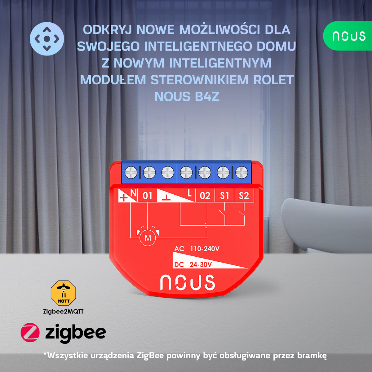 B4Z NOUS 1-kan. Inteligentny moduł sterownik rolet dopuszkowy ZigBee