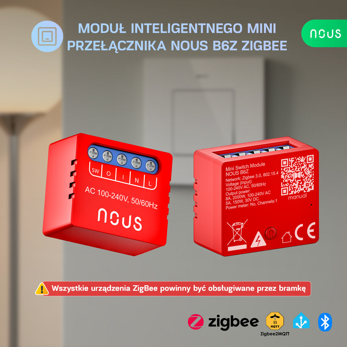 Moduł inteligentnego mini przełącznika NOUS B6Z ZigBee (zestaw z 2)