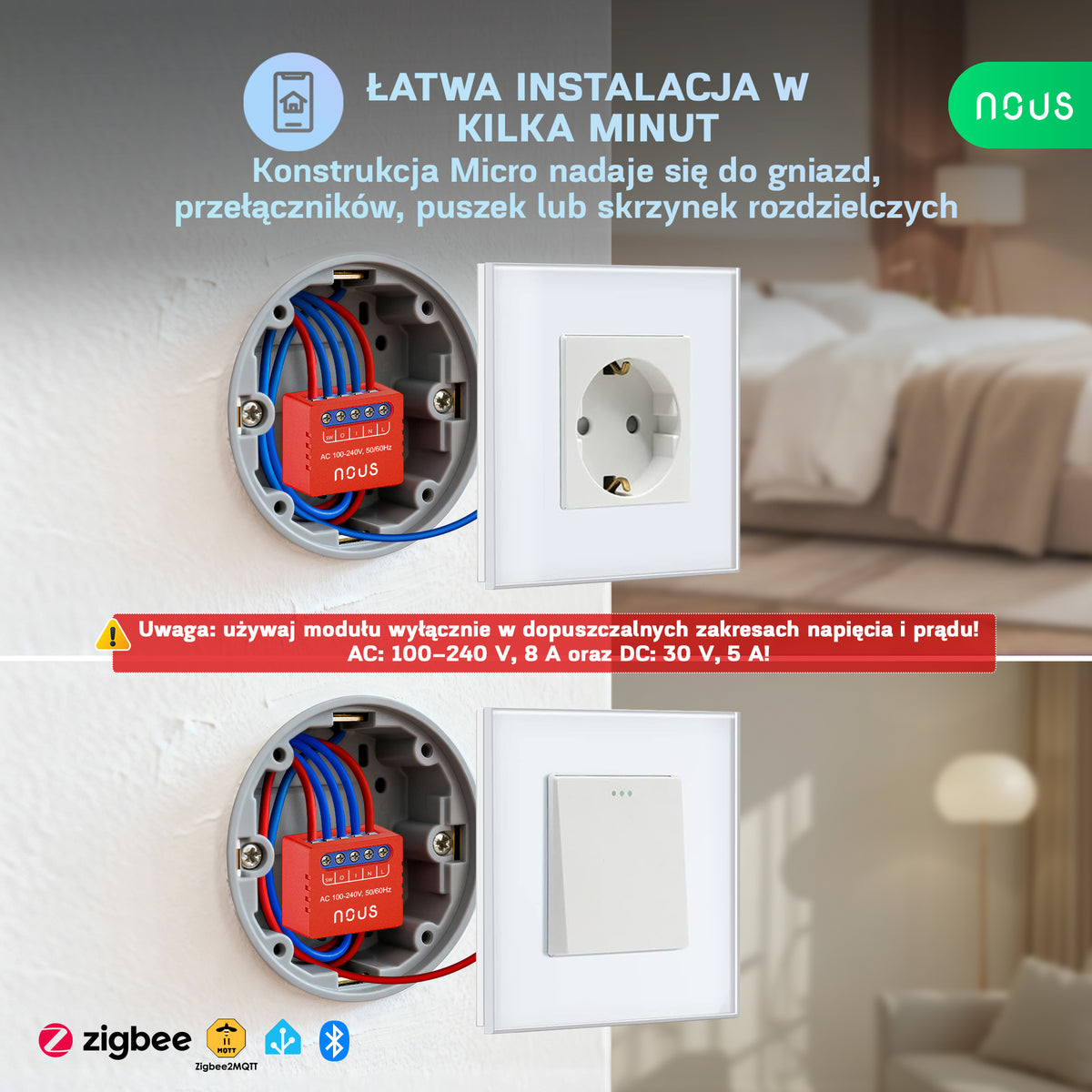 Moduł inteligentnego mini przełącznika NOUS B6Z ZigBee (zestaw z 2)