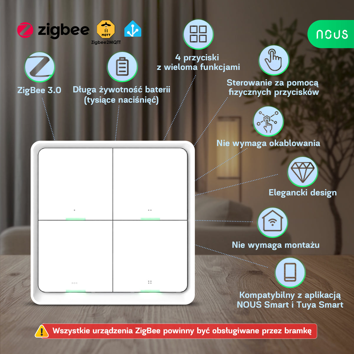 NOUS C1 ZigBee Smart Bezprzewodowy Przełącznik 4-przyciskowy