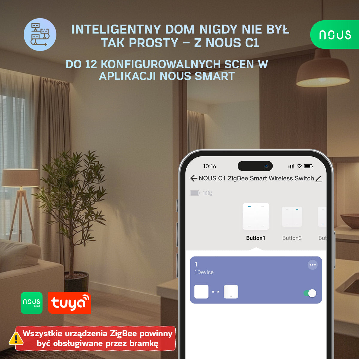 NOUS C1 ZigBee Smart Bezprzewodowy Przełącznik 4-przyciskowy