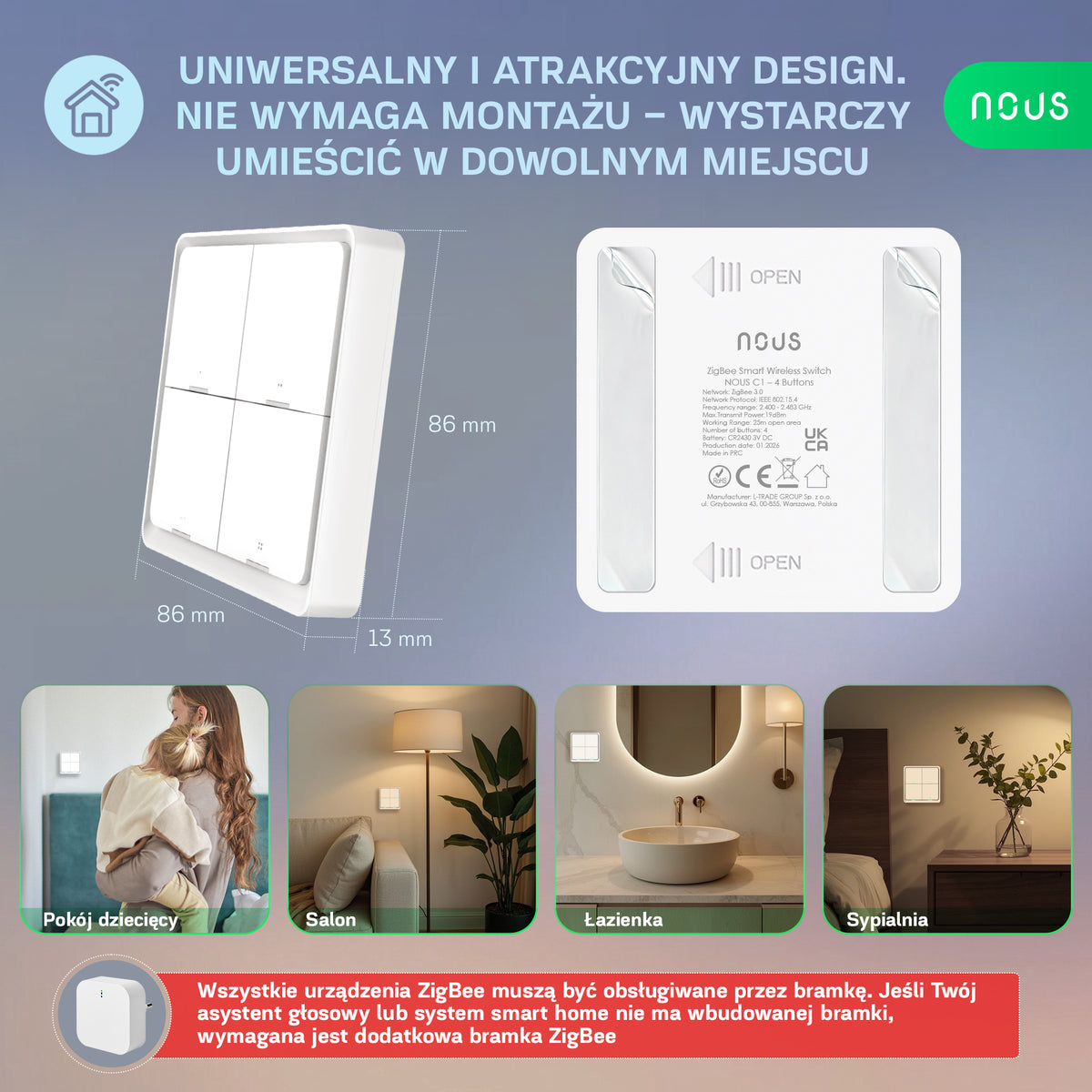 NOUS C1 ZigBee Smart Bezprzewodowy Przełącznik 4-przyciskowy