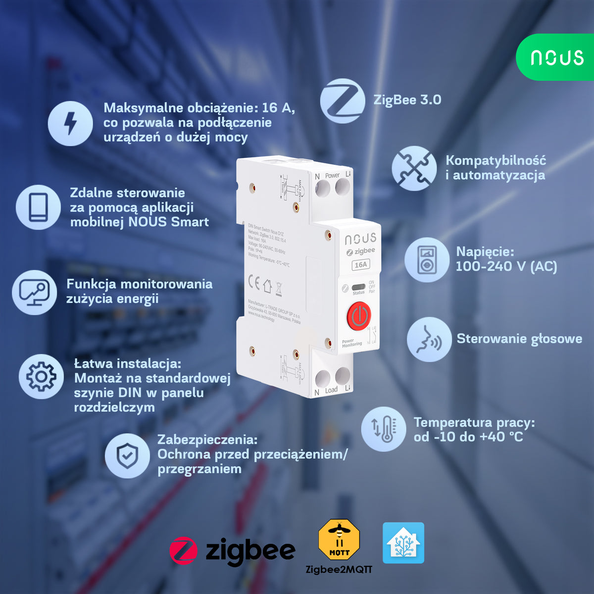 Nous D1Z - Zigbee Inteligentny przełącznik na Szynę DIN 16A