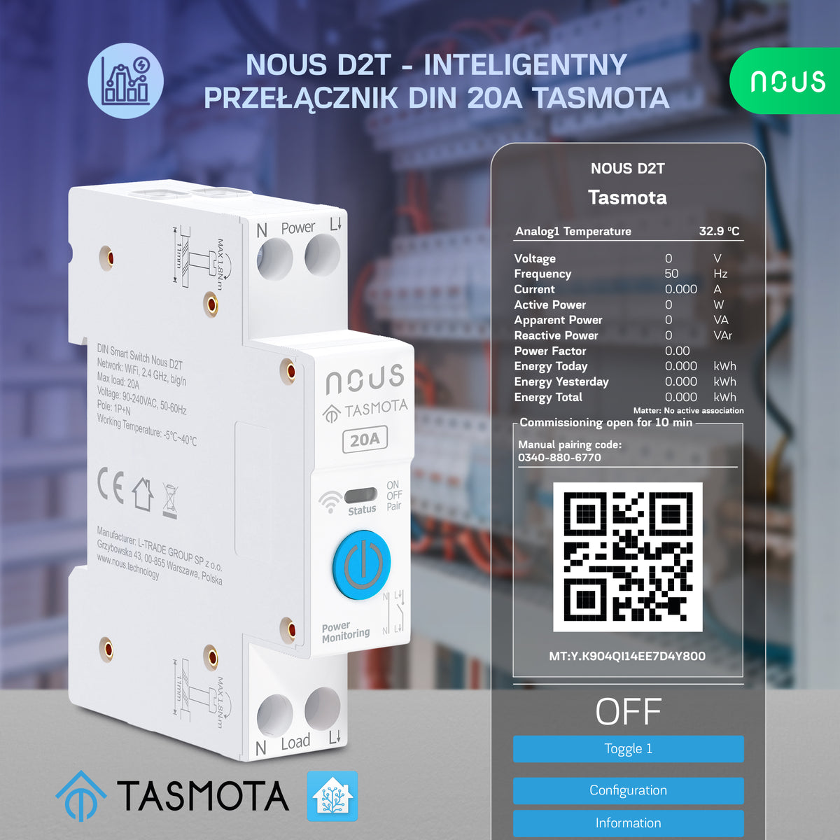 NOUS D2T - Inteligentny przełącznik na Szynę DIN 20A z Tasmota (ESP32)