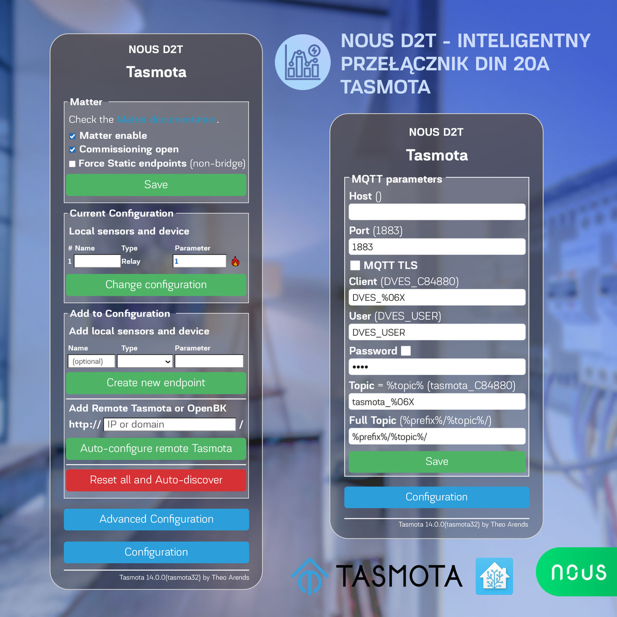 NOUS D2T - Inteligentny przełącznik na Szynę DIN 20A z Tasmota (ESP32)