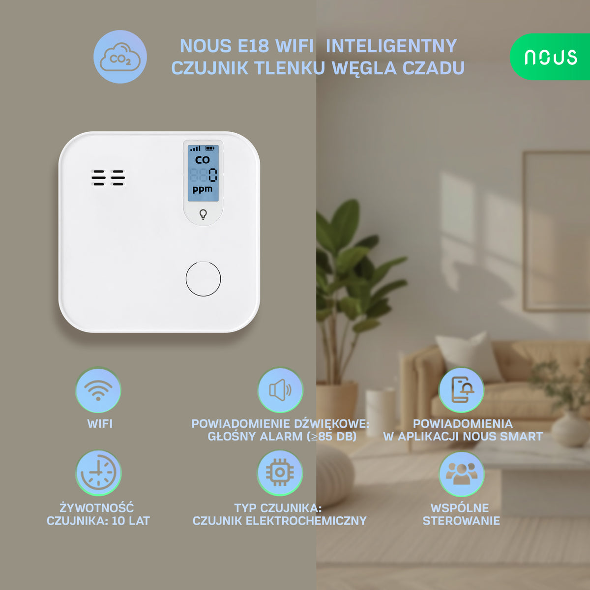 NOUS E18 WiFi  Inteligentny  czujnik tlenku węgla czadu