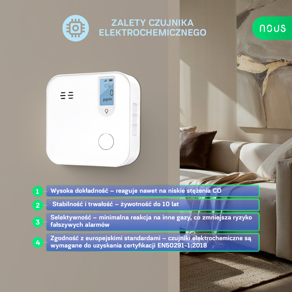 NOUS E18 WiFi  Inteligentny  czujnik tlenku węgla czadu