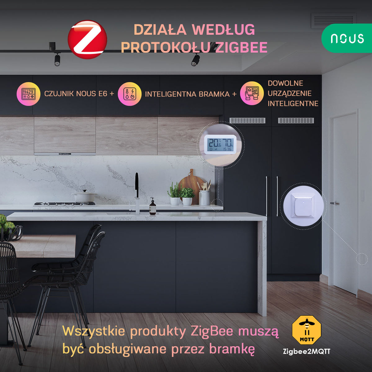 Inteligentny czujnik wilgotności i temperatury LCD ZigBee Nous E6
