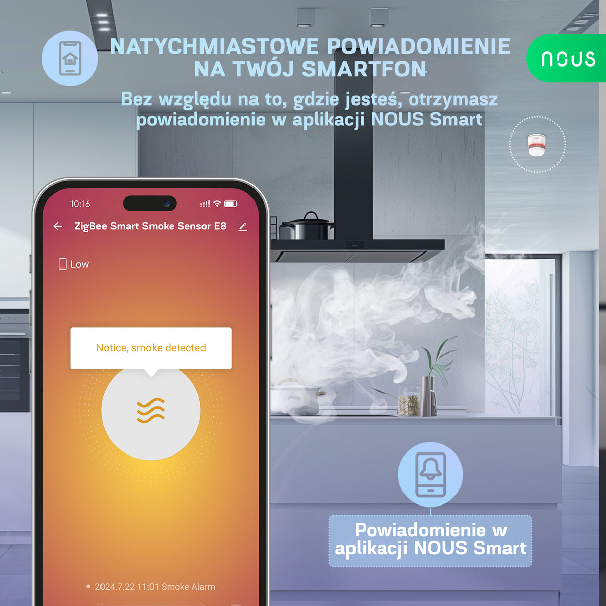 Inteligentny czujnik dymu fotoelektryczny ZigBee NOUS E8