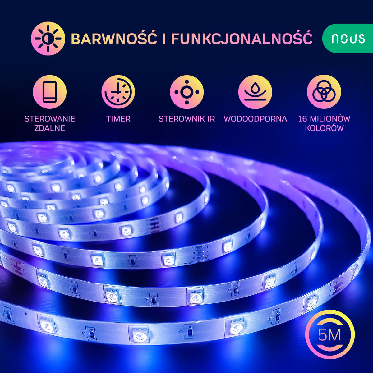 TAŚMA LED NOUS F1 WIFI SMD5050 5M RGB KOLOROWA+PILOT TUYA