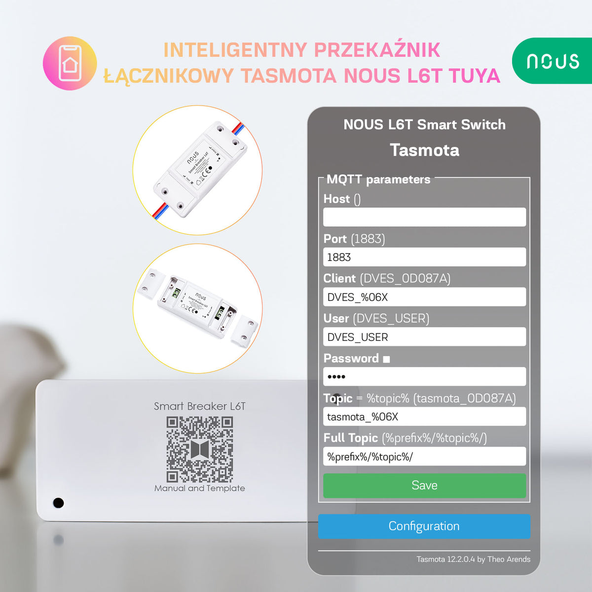 Inteligentny przekaźnik łącznikowy Tasmota NOUS L6T (zestaw z 2)